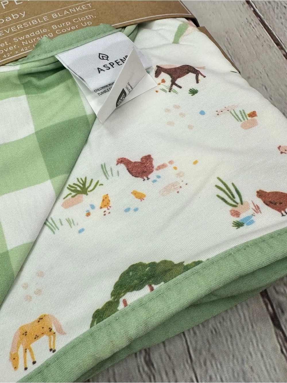 Baby Aspen Green and White Reversible Multi-Use Baby Blanket farm barn